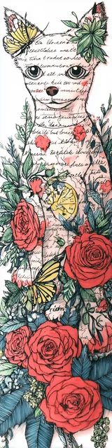 Free dog bookmark featuring a dog illustration with stylized writing